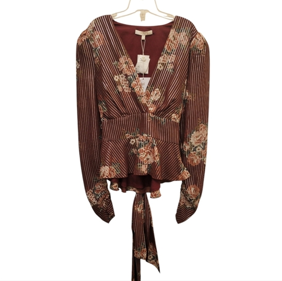 Wayf Cranberry Red Floral Silver Striped Long Sleeve Blouse Size Extra Small - Picture 2 of 16